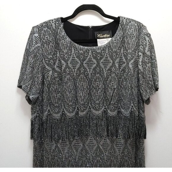Vintage Cartise Plus Women's Silver Maxi Dress w/Fringe  Short Sleeve Size 14 - Picture 2 of 4